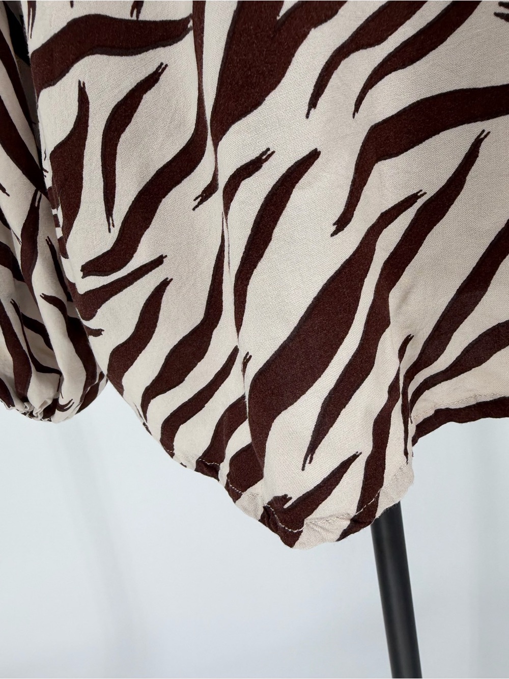 Women's Brown Zebra Print V-Neck Blouse with pockets and ties - Picture 5 of 10